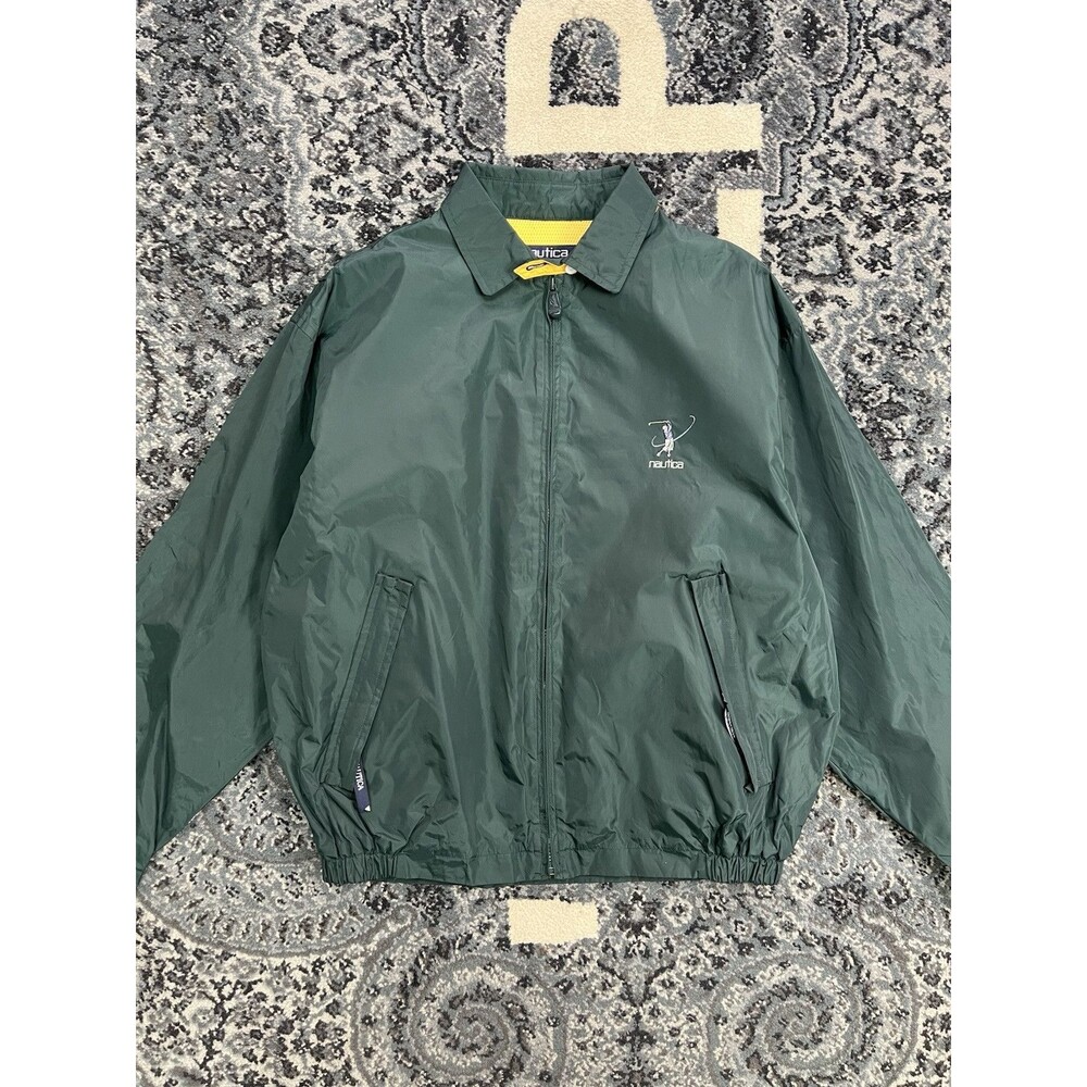VINTAGE MENS 90S NAUTICA GOLF COACH JACKET SIZE L GREEN/ YELLOW LINING